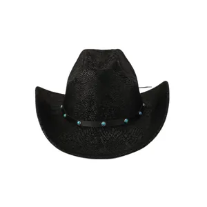 Chapeau de cowboy noir à texture peau de serpent avec bande en cuir à turquoises