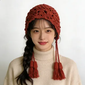 Women Red Hollow Crochet Knit Hat Winter Warm Beanie With Tassel Japanese Sweet Style Woolen Headwear For Autumn Winter