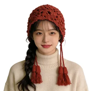 Handmade red hollow crochet knitted beanie hat with tassels for women autumn winter