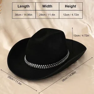 Chapeau de cowboy noir avec bandeau en strass, style festival, dimensions incluses