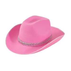 Chapeau de cowboy rose pour femme avec bande décorative en strass pour festivals