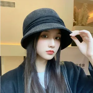Elegant French retro wool bucket hat with black pleated band for women winter fashion