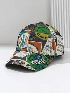 Detailed view of the vibrant vintage collage print on a stylish casual baseball cap