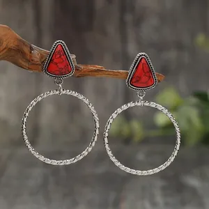 Orecchini a Cerchio Grande Intrecciati Bohemien Vintage per Donna Orecchini in Lega di Argento Antico con Triangolo Turchese Rosso
