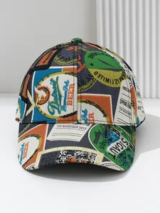 Close-up of casual baseball cap featuring vintage all-over print labels and retro patterns.