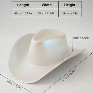 Schillernder weißer Space-Cowboyhut mit Maßtabelle für Partykostüme 40x30x12cm