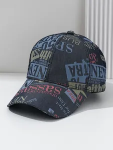Detailed macro shot of a denim baseball cap with vibrant alphabet typography patterns