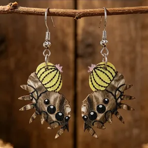 Orecchini a Pendente in Legno di Cactus a Forma di Ragno Animato per Halloween Orecchini Pendenti in Legno con Stampa Animalier