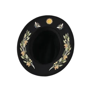 Gothic black flat brim fedora hat featuring sun bee and floral embroidery print patterns