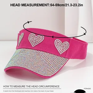 Rose red sun visor hat featuring rhinestone heart patterns and head circumference guide