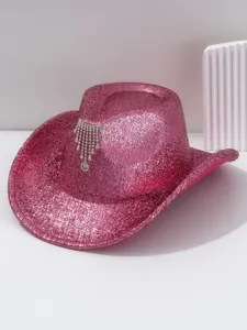 Atemberaubender pinker Glitzer-Cowboyhut mit luxuriösem Strass-Quasten-Detail für Bräute