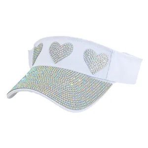 Stylish white sun visor hat with sparkling heart rhinestones for summer seaside vacation
