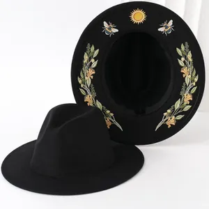 Gothic Black Fedora Hat With Sun Bee Floral Faux Embroidery Print Flat Brim Cowboy Hat Polyester Felt Fedora For Women