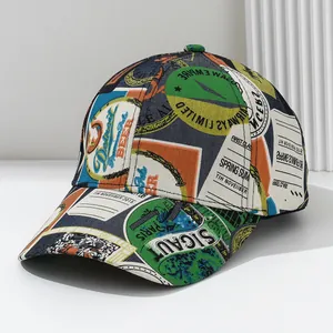 Fashionable men's baseball cap with vintage graffiti print and patchwork design