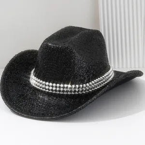 Cappello da cowboy nero con borchie metalliche in stile rock per feste Y2K