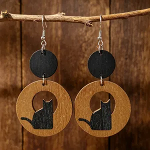 Orecchini Pendenti Vintage in Legno con Silhouette di Gatto e Perno in Acciaio Inossidabile Stile Pastorale Gatto Nero Vuoto