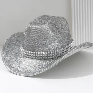Cappello da cowboy glitterato argento con borchie metalliche per feste rock Y2K