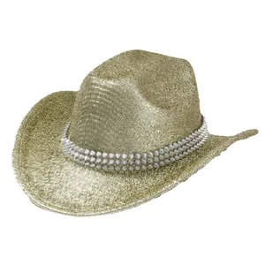 Cappello da cowboy dorato scintillante con borchie metalliche per feste rock e hip-hop