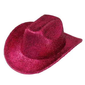 Chapeau de cowboy rose fuchsia scintillant pour festivals de musique et fêtes Y2K