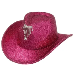 Cappello da cowboy magenta lucido con nappe di strass per spose e feste