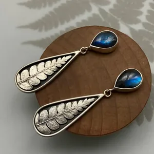 Vintage Teardrop Blue Fern Leaf Dangle Earrings Forest Plant Alloy Rhinestone Earring With Stainless Steel Earring Post
