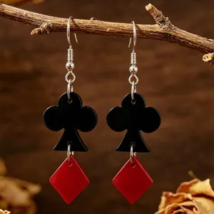 Vintage Acrylic Playing Card Drop Earrings Black Club Red Diamond Poker Drop Earrings With Stainless Steel Earring Post For Women