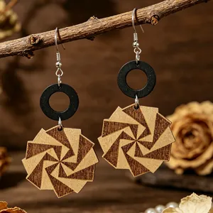 Orecchini Pendenti in Legno Geometrici Vintage Motivo a Spirale Splicing Cerchio Nero Gioielli Boho per Donna Viaggi