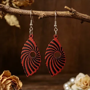 Orecchini a Goccia in Legno Vintage a Forma di Foglia per Donna Motivo a Strisce a Spirale Rosso Nero Orecchini in Legno