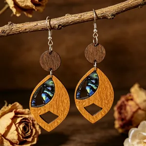 Orecchini a Goccia in Legno Vintage da Donna Geometrici a Rombo con Intarsio di Conchiglia di Abulone Acciaio Inossidabile