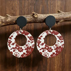 Vintage Wood Hollow Hoop Earrings Burgundy Red Rose Floral Print Wooden Drop Earrings Stainless Steel Post Jewelry For Women
