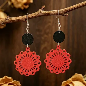 Orecchini a Goccia in Legno Stile Cinese Vintage Doppia Giunzione Cavo Sole Fiore Finestra Griglia Stampato Gioielli Donna