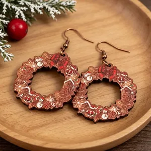 Orecchini a Goccia in Legno con Ghirlanda di Natale per Donna Pendenti con Stampa Svuotata Pupazzo di Neve Fiocco Gioielli Vintage