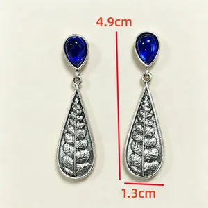 Vintage blue fern leaf drop earrings in silver alloy, size 4.9cm length and 1.3cm width