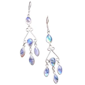 Pendientes bohemios con borlas de piedra lunar y diseño geométrico calado lujo