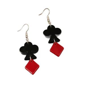 Fun black club and red diamond poker card suit acrylic drop earrings on white background