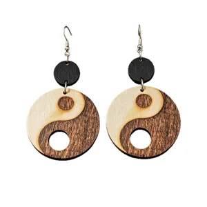 Orecchini retrò in legno Yin Yang con design Taiji cavo per stile Zen orientale