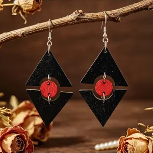 Orecchini a Goccia in Legno Geometrico Color Contrasto Rosso Nero per Donna Orecchini a Pendente a Rombo Cavo a Doppio Strato