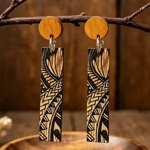 Orecchini Pendenti in Legno con Stampa Totem Tribale Vintage per Donna Geometrici Nero Marrone Stile Vacanza Hawaii Gioielli