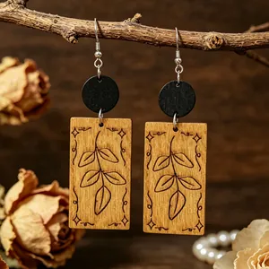 Pendientes Colgantes de Madera Vintage Con Estampado de Hojas y Estrellas para Mujer Estilo Mori Poste de Acero Inoxidable Joyería