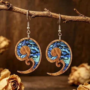 Orecchini a Goccia Bohemien Vintage in Legno a Spirale Con Stampa a Conchiglia di Abalone Acciaio Inossidabile per Donna