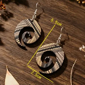 Pendientes de madera en espiral bohemios con rayas geométricas, 5,5 cm de largo