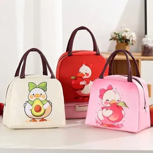 Three cute cartoon insulated lunch bags with duck patterns in pink, red and beige