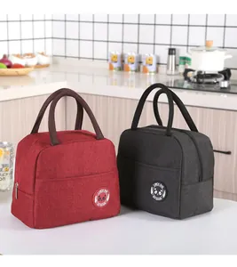 Oxford cloth insulated lunch bags in red and black colors shown in a kitchen setting