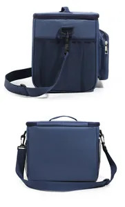 Detailed back and side views of this navy blue insulated outdoor picnic cooler bag with strap