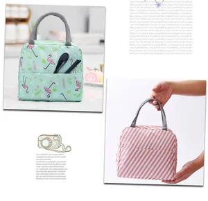 Portable insulated lunch bag with flamingo prints and pink striped pattern detail
