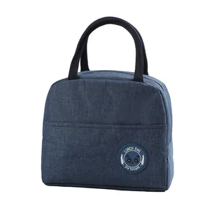 Insulated navy blue Oxford cloth lunch bag with portable handles and panda patch