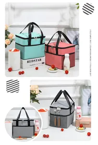 Diverse kleuren geïsoleerde lunchtassen getoond met picknickaccessoires en eten