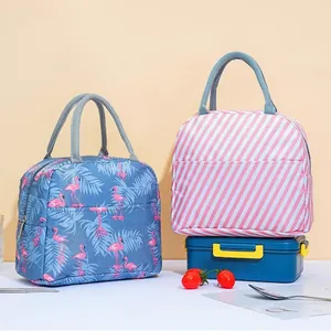 Insulated portable lunch bags with flamingo and striped prints for office and school