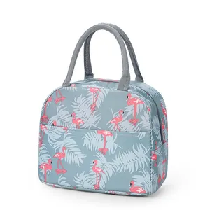 Insulated lunch bag with flamingo and tropical leaf print for school and office