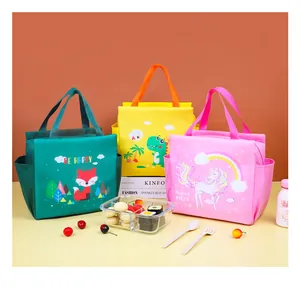 Three colorful cartoon insulated lunch bags with cute fox dinosaur and unicorn prints